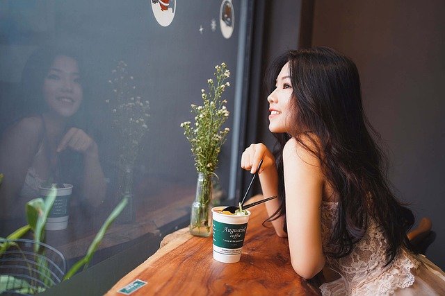 woman, happy, cafe, drink, fashion, girl, young, beautiful, pose, smile, beverage, asian